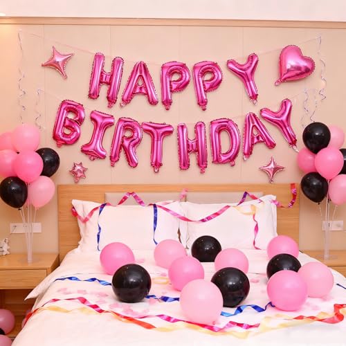 Image of Hot Pink Happy Birthday Balloon Banner Kit - 16 Inch Foil Letters Balloons Hot Pink Birthday Decor for Men, Women Adults,Reusable Mylar Balloons,Birthday Party Sign, Birthday Decorations Supplies