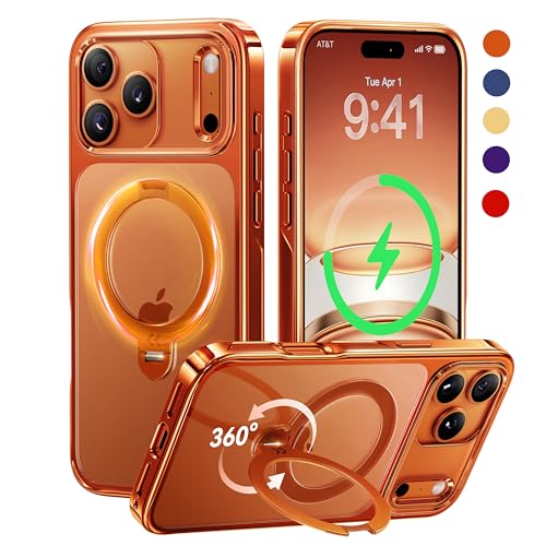 CASEKOO Glossy 360 Spin Magnetic Stand for iPhone 17 Pro Max Case [Fit for MagSafe][17FT Military Protection] Slim Hand-Polished Frame Titanium Alloy Sturdy Stand 6.9', Glossy Cosmic Orange