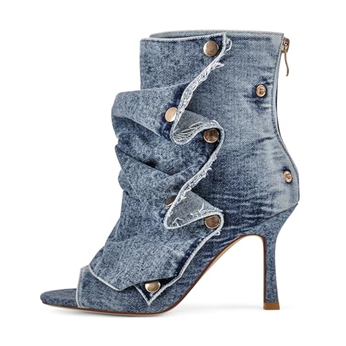 Best Boots to Wear with Barrel Jeans: Your Ultimate Guide 8 sexytag Women's Denim Open Toe Booties Slouchy Stiletto Kitten Heel Fold Over Shark Boots Peep Toe Back Zipper Ruched Detachable Snap Button Fashion Ankle Short Boot Denim Size 8