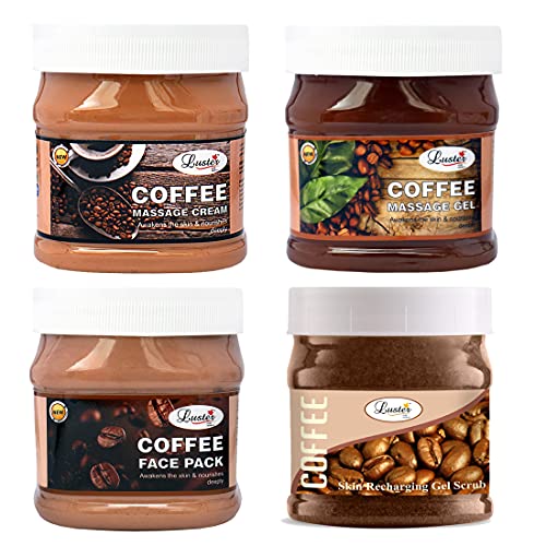 Luster Coffee Facial Kit | Awaken the Skin & Nourishes Deeply | Facial Scrub | Massage Cream | Massage Gel | Face Pack | Coffee Facial Kit for Women & Men | No Paraben – 500ml (Pack of 4)