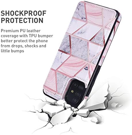 UEEBAI Case for Samsung Galaxy A51, Premium PU Leather Case Geometric Marble Pattern Back Wallet Cover [Two Magnetic Clasp] [Card Slots] Stand Function Durable Soft TPU Case - Grey & Pink