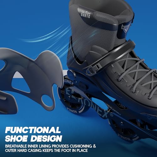 Image of Konex Premium 3 Wheel Inline Skates | Adjustable 100 MM PU Rubber Wheel Roller Skating Shoes for Boys and Girls (Size Euro 35-38, Black)