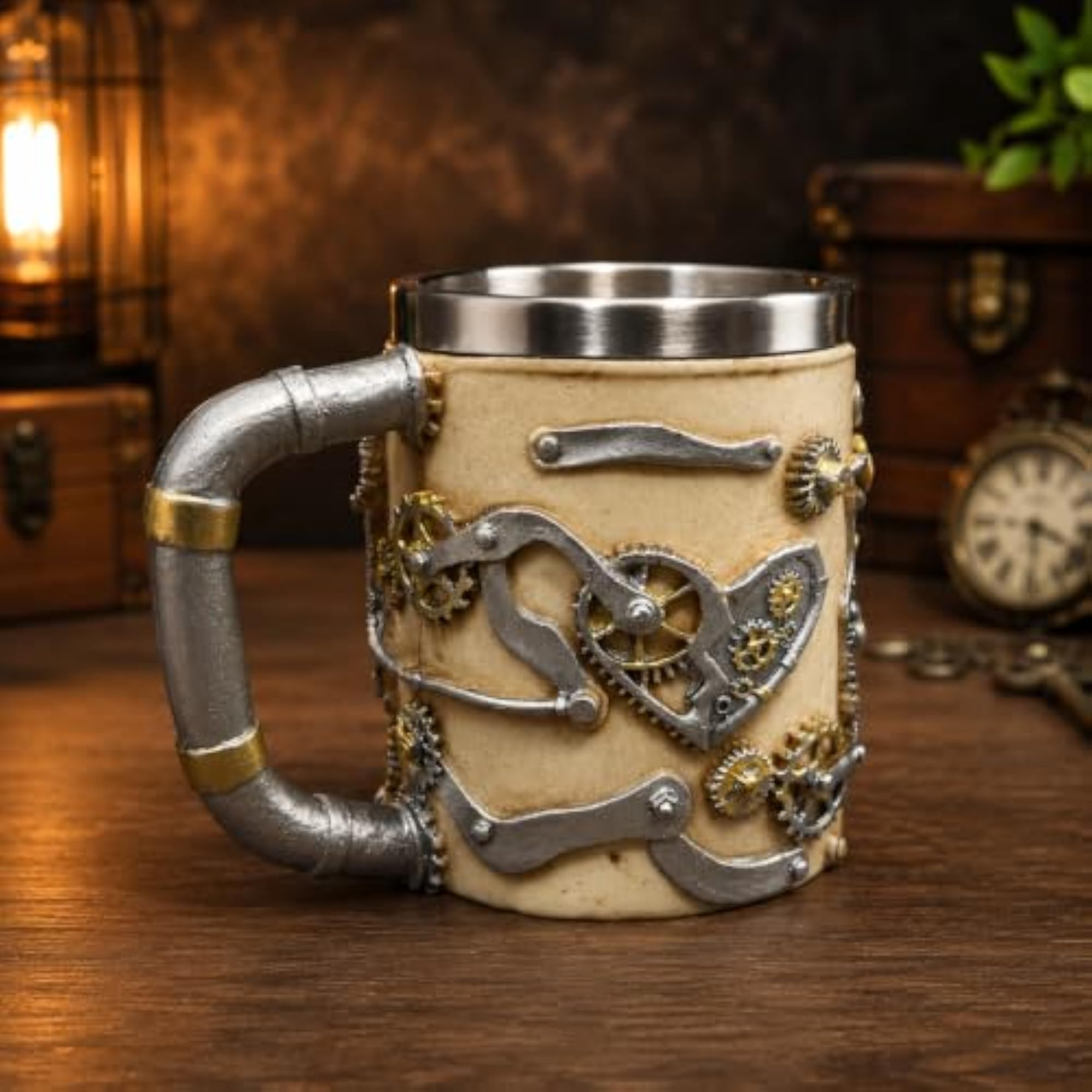 Premium Steampunk Skull Tankard Mug with Gear & Goggle Design