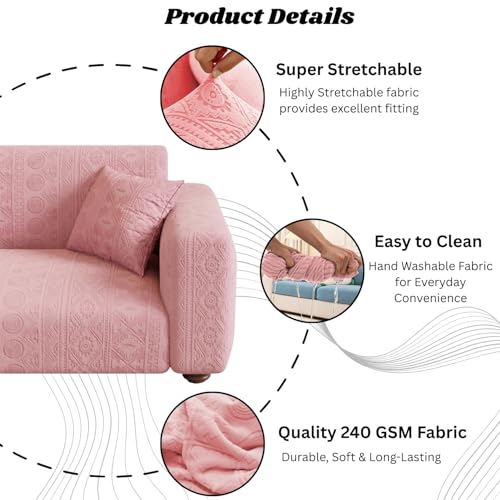 Image of Lukzer 3 Seater Pastel Pink Tribal Pattern Sofa Cover | 240 GSM Universal Stretch Fit Jacquard Fabric Couch Protector | Fully Covered Anti Slip & Washable Sofa Cover (180-230cm /SC-073-03)