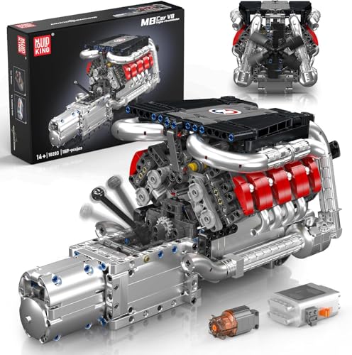 Mould King 10203 V8-Motor-Bausatz für 14+ Erwachsene, MOC Ideen Mini 4-Gang-Getriebe V8-Motor Modell Spielzeug für Display, STEM BAU-Projek(1169 PCS)