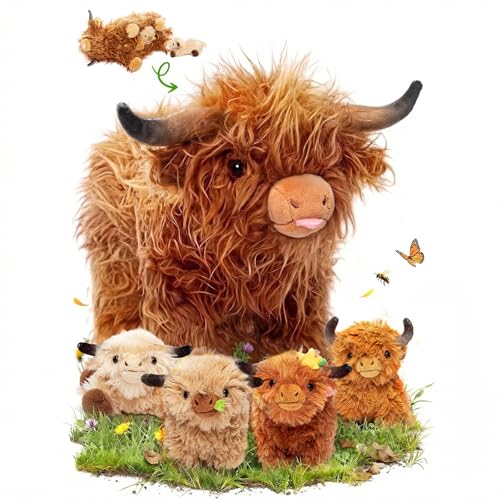 OUOZZZ Highland Cow Stuffed Animal – 14.5' Large Realistic Fluffy Cow Plush Toy with 4 Baby Calves – Travel-Friendly & Portable Gift for Baby Girls, Boys, Toddlers & Kids 3 Year Old