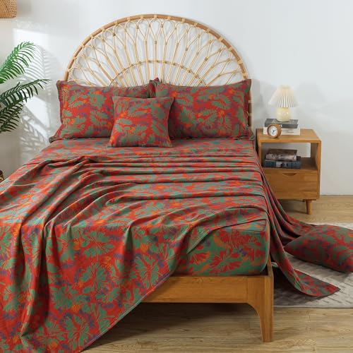 Image of FADFAY Floral Sheets Set Queen Vintage Red Green Floral Bedding Shabby Maple Leaf Farmhouse Bedding Super Soft Washed Double -Layer Muslin Sheets 100% Cotton Deep Pocket Fitted Sheet 4Pcs, Queen Size