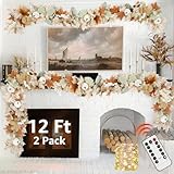 Neutral Fall Garland for Mantle Fireplace - 2 Pack Total 24Ft Outdoor Autumn Leaves Decor for Home Front Door with Pumpkins Indoor Maple for Farmhouse Stairs Porch Halloween Thanksgiving Decorations