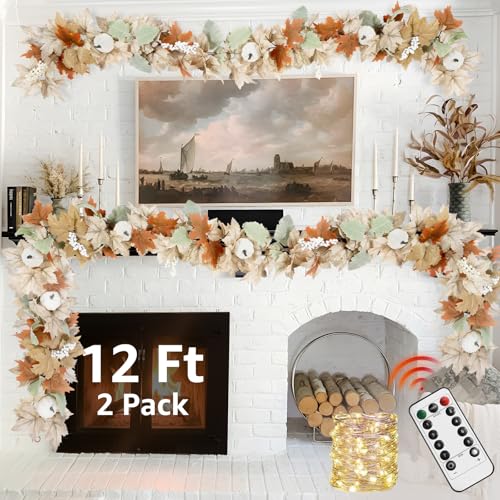 Neutral Fall Garland for Mantle Fireplace - 2 Pack Total 24Ft Outdoor...