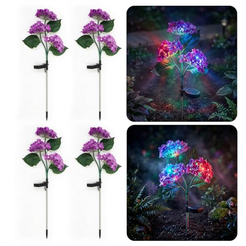 Image of hardoll Solar Decorative Light Hydrangea Flower Shaped RGB Color LED lamp for Waterproof Outdoor Home Garden Yard(Lavender Color-Pack of 4)