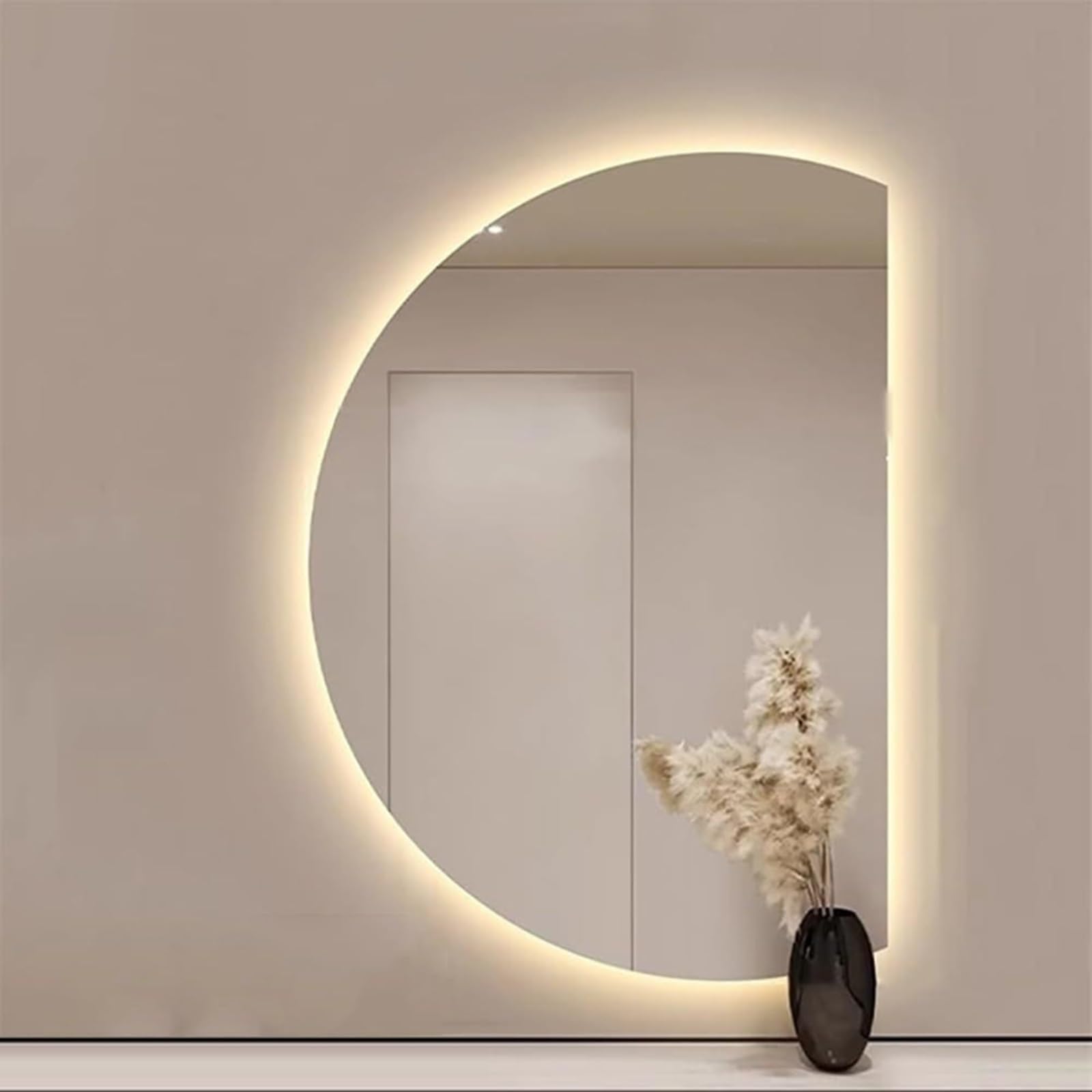 SXFSDOU 51" Half-moon Smart Frameless Bathroom Mirror, 47" Backlit LED Anti-fog 3-color Light Wall-mounted Dressing Mirror for Home Decoration(Right Cut,90x60cm/35x24in)
