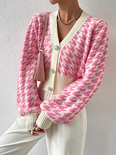 Image of Verdusa Women's Button Front V Neck Long Lantern Sleeve Cropped Cardigan Sweater Pink Medium