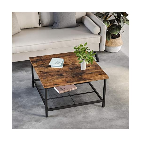 VASAGLE Coffee Table, Square Cocktail Table with Spacious Table Top, Robust Steel Frame and Mesh Storage Shelf, Industrial Style, for Living Room, Rustic Brown and Black LCT065B01 - Image 3