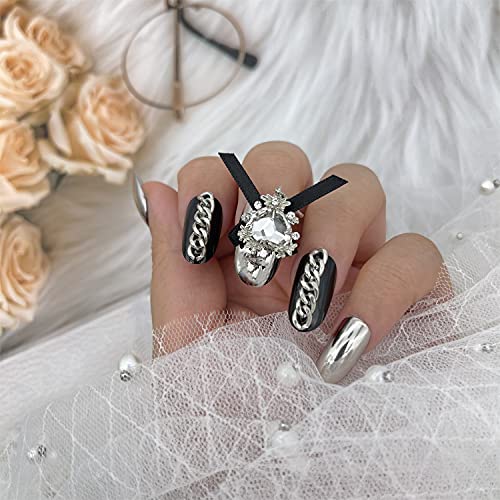Boonana 24pcs Glossy Luxury Nail Full Cover Press on Acrylic Nail with Design Crystals Diamond Long Fake Nail with Glue Medium Length Short Nail Daily Wear French Tip Gift for Girlfriend, Women(Cool)