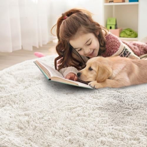 OLANLY Ivory Round Rugs for Bedroom - Machine Washable, 7 ft Circle Area Rugs for Living Room, Soft and Fluffy Shaggy Carpet for Teen Girls and Boys, Nursery Rooms, Dorms, Home Decor Aesthetic