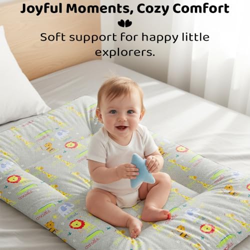 Image of StarAndDaisy Newborn Baby Bedding Nest 100% Cotton Cushioned Mattress Sheet with 2 Side Bolster Pillows & 1 Head Pillow Breathable & Soft Boys & Girl Design (Animal Print)