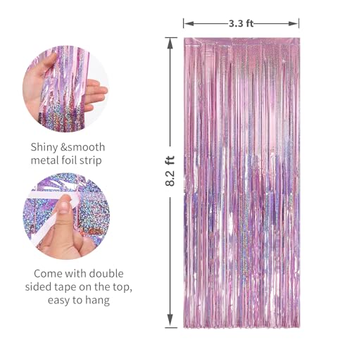 Image of 2 Pack Laser Pink Foil Fringe Curtains Streamers Party Decorations 3.3 x 8.2 ft, Tinsel Curtain Fringe Backdrop for Parties, Door Fringe Birthday Streamers, Barbie Backdrop Birthday Party Decorations