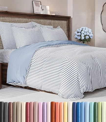 Image of Duvet Cover King Size Set - Extra Soft King Duvet Cover 104 inch x 90 inch with 2 Pillow Shams for Women, Men, Kids & Teens - Hotel Luxury w / Zipper Closures & Ties - Comfy, Cozy & Breathable (Blue Stripes)