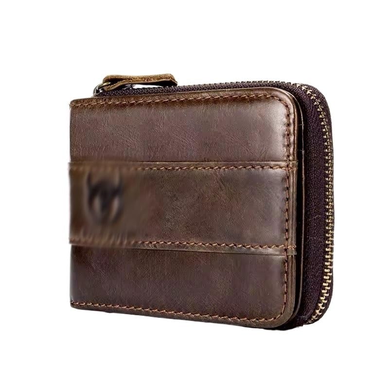 Genuine Leather Men Short Wallets Male Card Holder Mini Money Bag for Male Coin Purse Slim Card Holder Clutch(Dark brown)