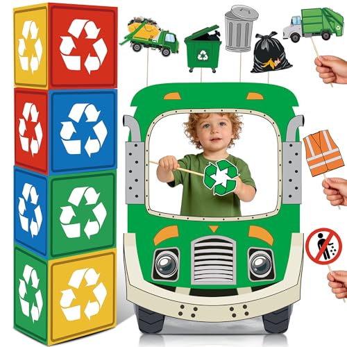 READIGO Trash Truck Birthday Decorations Garbage Truck Photo Booth Props Set Garbage Truck Cardstock Standee with Recycling Box Decorations for Birthday Party or Baby Shower Decor