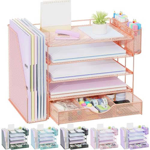 Image of gianotter 5-Tier Desk Organizer with Drawers and File Holders | Letter Trays and Pen Holders - Workspace Accessories for Office Supplies (Rose Gold)