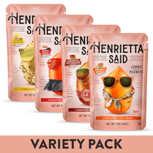 Image of Henrietta Said Wing-Flavored Peanuts - Variety Pack - Truly Good Foods Shelled Snacking Nuts - Bold Flavors - Savory & Spicy - Jumbo Flavored Peanuts - Protein Packed Vegan Snack - 4 (5-oz) Packs