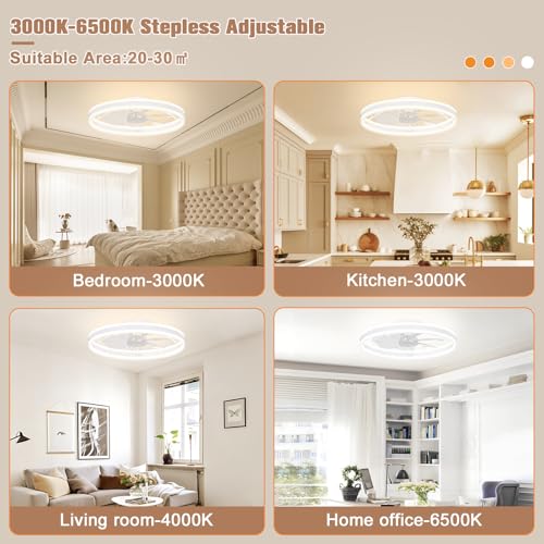 Image of VOLISUN Low Profile Ceiling Fans with Lights and Remote, 23.6in Flush Mount Ceiling Fans with Light, 3000K-6500K Dimmable Fandelier LED Fan Light, White Bladeless Ceiling Fans with Lights for Bedroom