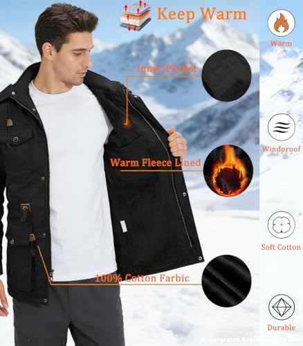 Image of INVACHI Men's Thick Winter Jacket With Hood,Fleece Lining Cotton Military Jackets,Work Coats with Multiple Pockets