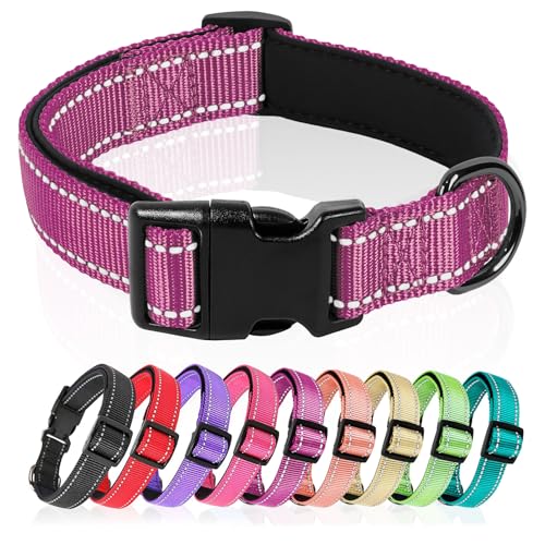 Image of HEELE Dog Collar, Reflective Dog Collar, Soft Neoprene Padded Breathable Nylon Pet Collar Adjustable for Medium Dogs, Magenta, M(13.38-20.47 inch)