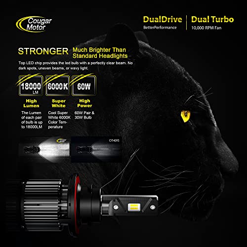 Cougar Motor H13 Led Headlight Bulb, K16 Series 9008 18000Lm 6000K All-In-One Conversion Kit - Cool White Adjustable Beam Pattern, Quick Installation Halogen Replacement #TOP1