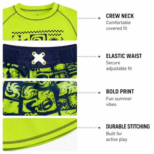 Image of Quad Seven Boys 2-Piece Rash Guard Swimsuit Set Short-Sleeve (Sizes 5-12) | Lightweight Quick-Dry Fabric with Sun Protection, Matching Top & Trunks, Adjustable Drawstring Waist for Pool or Beach Days
