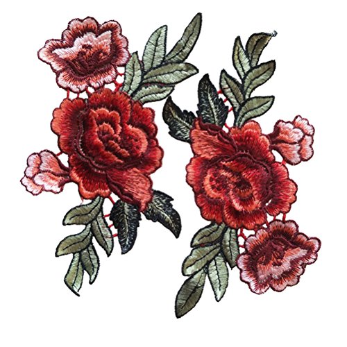 Red Rose Flowers Patch Embroidered Floral Applique Sew on Patches for Lace Fabric Clothes DIY Craft Supply (1 Pair) by Jiaufmi