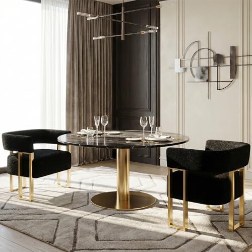 Image of Boucle Dining Chairs Set 2, Black Upholstered Accent Armchairs, Gold Legs