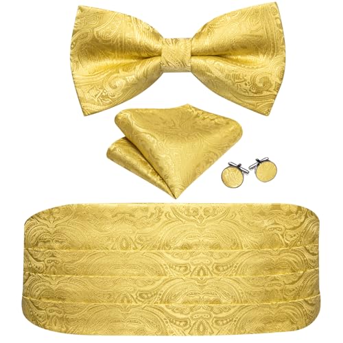 Image of Barry.Wang Men Silk Paisley Cummerbund and Pre-tied Bowtie Handkerchief Cufflink Set for Tuxedo