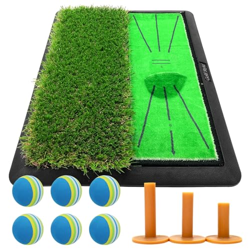 GolfStyle ダフりチェック ゴルフマット ターフ跡が確認できる 2WAY ターフ芝+ラフ芝 ゴルフ 練習 マット 素振り アイアン スイング 跡がつく ショットマット 練習用 ゴムマット 34×44cm Eセット (ブルー)