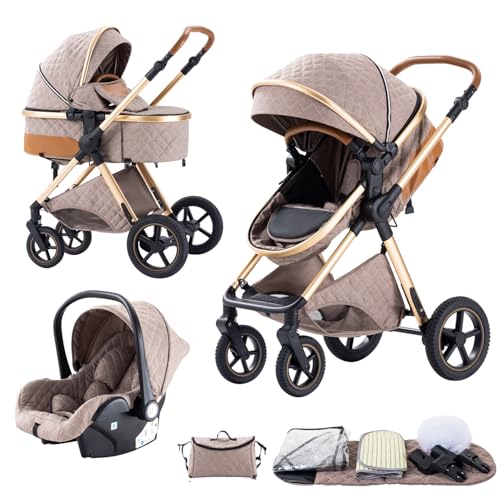 BEBBY Cochecito de bebé 3 en 1,Carrito Bebe 3 en 1 Con Asiento, Cochecitos Portátil Plegable Con Un Clic, Carricoche Combinado Paisaje Alto Marco de Aluminio Para Recién Nacido (khaki-1, H2)
