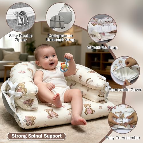 Image of Baby Lounger, Foldable Portable Waterproof Baby Nest Cover, 0-24 Months Newborn Tummy Time Training & Seating Support Pillow, Dual-Use Breathable Infant Lounger Backpack for Home & Travel (Pink Bear)