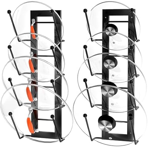 8 Layers of Adjustable Pot Lid Organizer Rack for Cabinet Door/Wall,2Pack Lid Organizer Pots and Pans Holder for Kitchen Storage with No Drilling Adhesive (Black) Cover