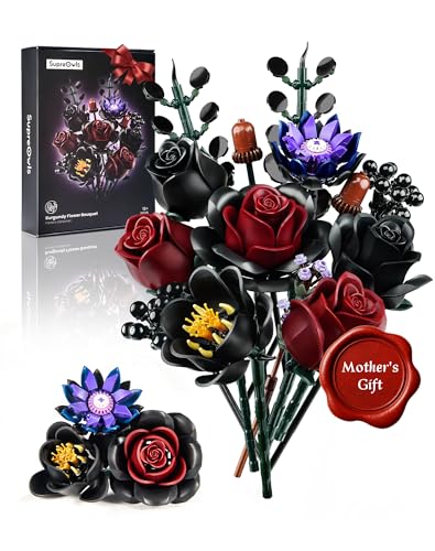 Image of iATOM Black Burgundy Red Rose Bouquet Building Set, Compatible with Lego Flowers for Adults - Halloween Botanical Collection - Gothic Artificial Flowers Home Decor - IA11015