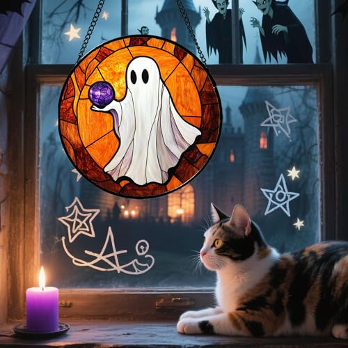 Image of Stained Glass Window Hanging - Halloween Decorations Ghosts Vampire Suncatcher for Doors Garden Indoor Funny Spooky Sun Catchers Gothic Decor Horror Gifts for Women Men Friend 7.8 in