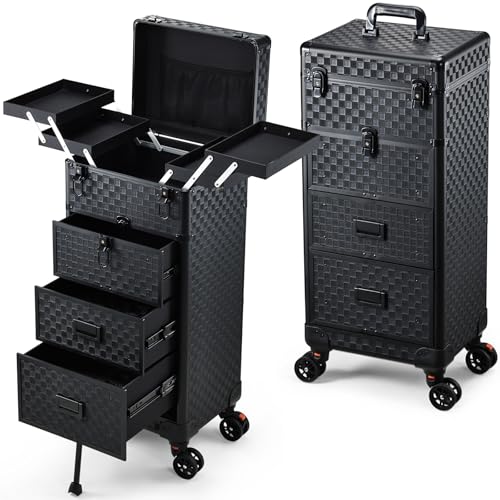 Stagiant Rolling Makeup Case with Drawers Cosmetology Case on Wheels 4 IN 1 Makeup Case 3 Drawers with Foot Stand Spring-release Mechanism Rolling Make Up Organizer for Artist Salon Nail Teach Trunk
