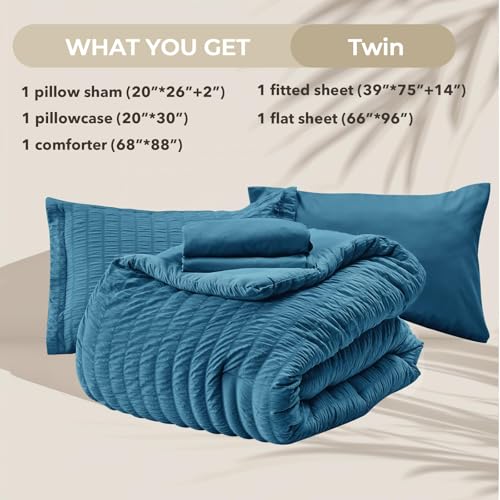 Image of HYMOKEGE Teal Twin Comforter Set Seersucker 5 Pieces, All Season Luxury Bed in a Bag for Bedroom, Bedding Set with Comforters, Sheets, Pillowcase & Sham