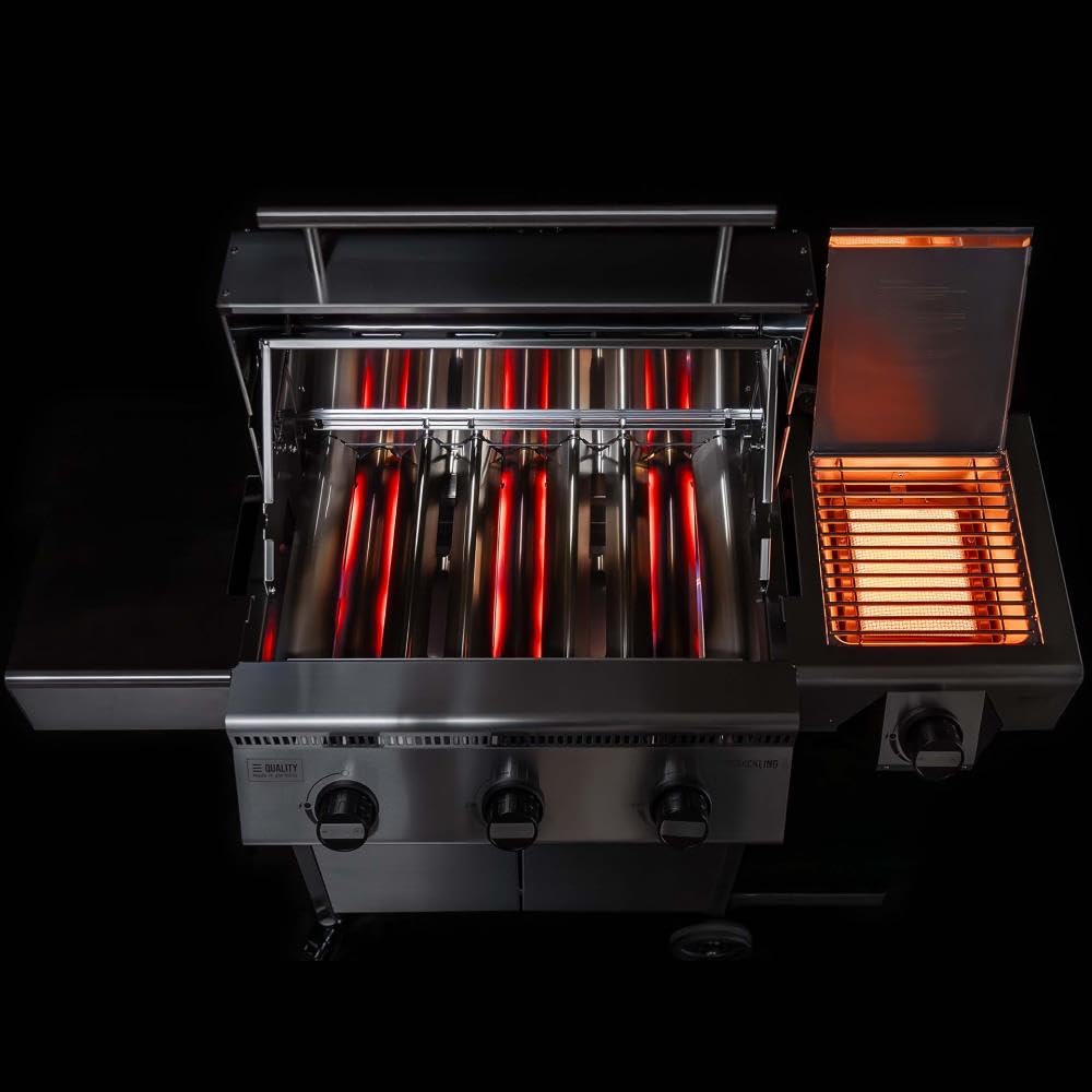 Schickling Gasgrill "Henry L - Deluxe" Edelstahlgrill Grillwagen mit Unterschrank, Doppelwandigem Deckel, 3 Brenner, 800 Grad Seitenbrenner & 3-teiligem Grillrost - Made in Germany
