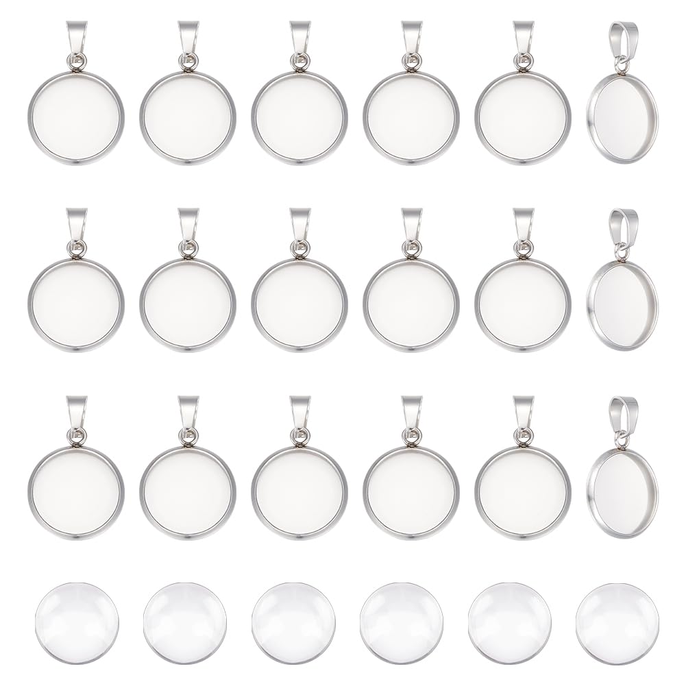 UNICRAFTALE 50 Sets Blank Dome Cabochon Pendants 304 Stainless Steel Round Cabochon Necklace Charms with Pinch Bails 12mm Blanks Bezel Pendant Trays with Glass Cabochon for DIY Jewelry Making