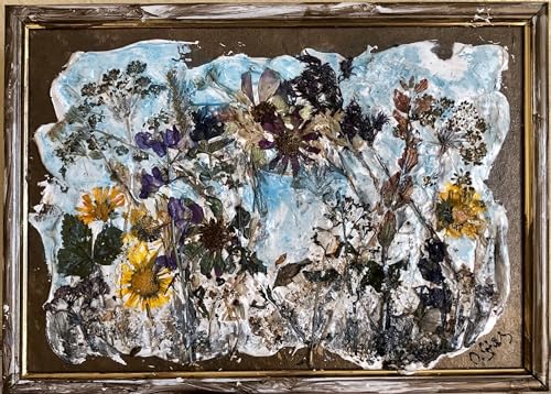 Designer framed herbarium, dried pressed flowers and plants, textured wall