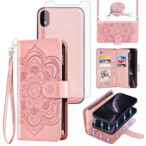 Coque iPhone XR à fleurs pour femme avec cordon bandoulière et porte-monnaie