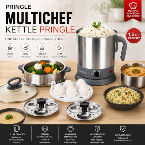 Image of Pringle 1.5L MultiChef Multi Kettle 3-in-1 Multipurpose Cooker | Egg Boiler, Steamer & Idli Maker | SS Stand | 1350W | 360 Rotating Base | 1 Yr Onsite Warranty | Silver