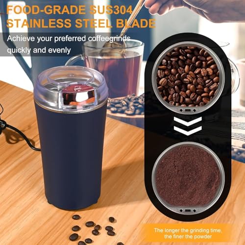 Image of Electric Spice Grinder, Coffee Bean Grinder, Stainless Steel Multi-Purpose Kitchen Grinder for Herbs, Nuts, Grains, Navy Blue, 499 Grams