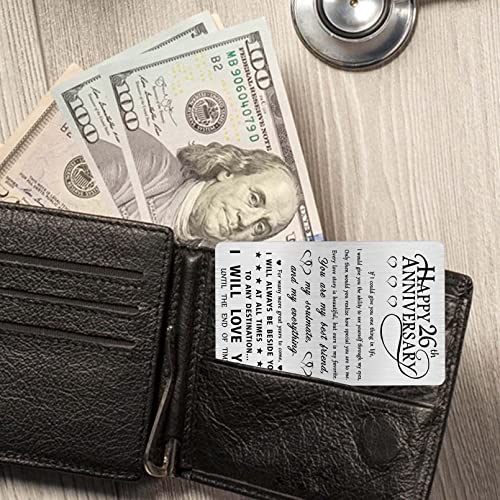 Alotozo 26th Anniversary Card Gifts for Husband Him, Happy 26 Years Wedding Anniversary Engraved Wallet Card Gift for Her Boyfriend Men3