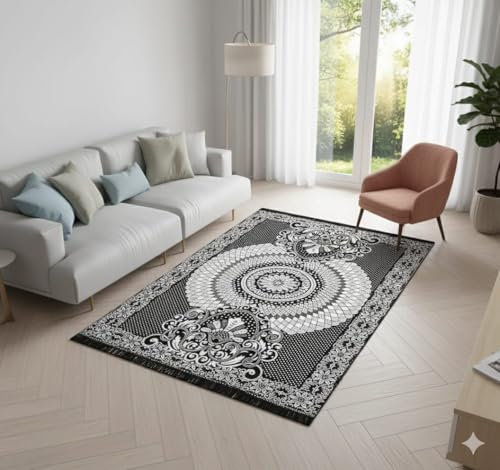 Image of Chenille /Cotton Carpet 5x7 Feet | Soft Velvet Rug for Living Room, Hall & Bedroom | Floor Carpet for Home | Designer Dari for Floor 150x210 cm | Non-Slip & Durable Kalin (Black)